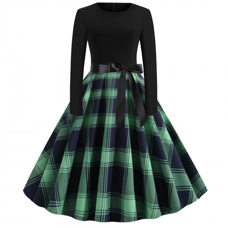 Damen Vintage Tellerrockkleid mit Karo-Tellerrock, figurbetontem Langarmoberteil und Satinschärpe Drune