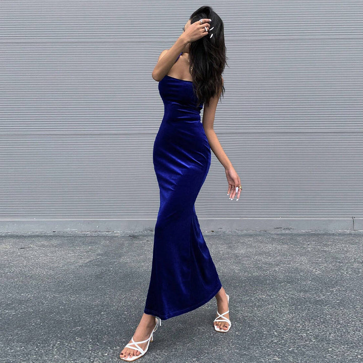 Damen elegantes Maxikleid aus luxuriösem Samt mit schickem Quadrat-Ausschnitt Drune