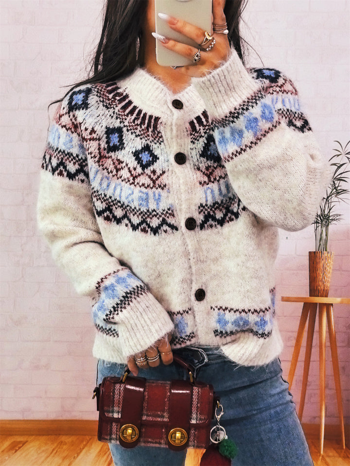 Damen kuschelige Strickjacke mit traditionellen Motiven und Knopfverschluss Drune
