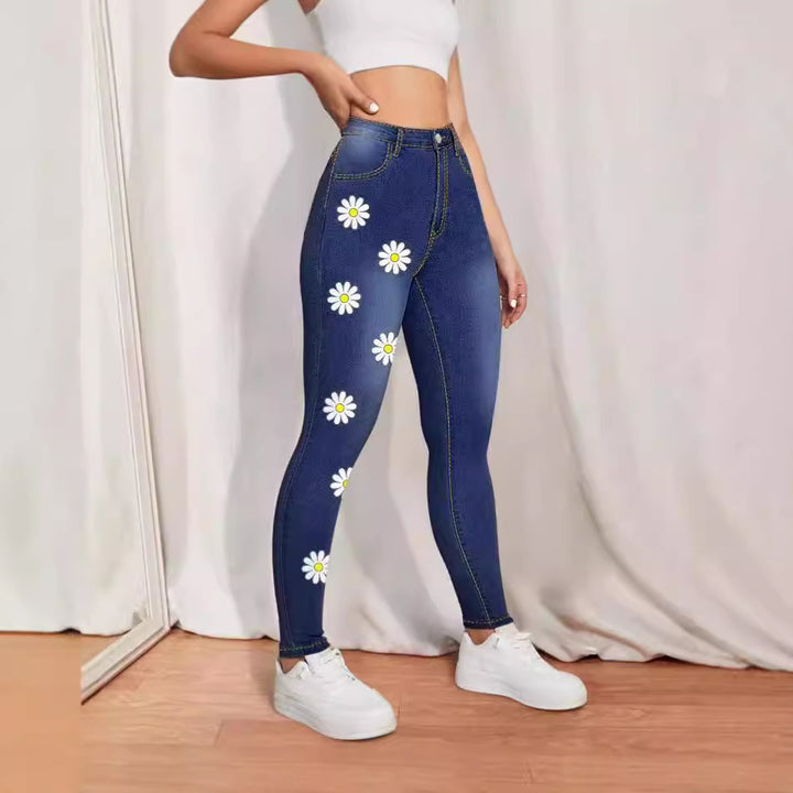 Damen High-Waist Skinny-Jeans mit aufgedruckten Margeriten und figurformendem Stretch Drune