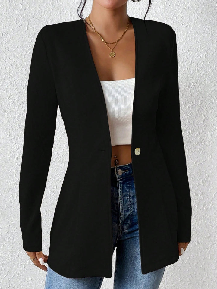 Damen Taillierter kragenloser Longblazer mit Ein-Knopf-Verschluss Drune