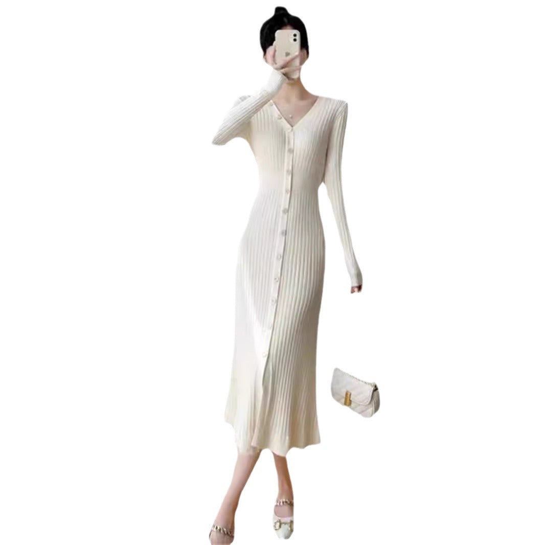 Damen lässiges Midi-Kleid aus feinem Rippstrick mit Knopfleiste Drune
