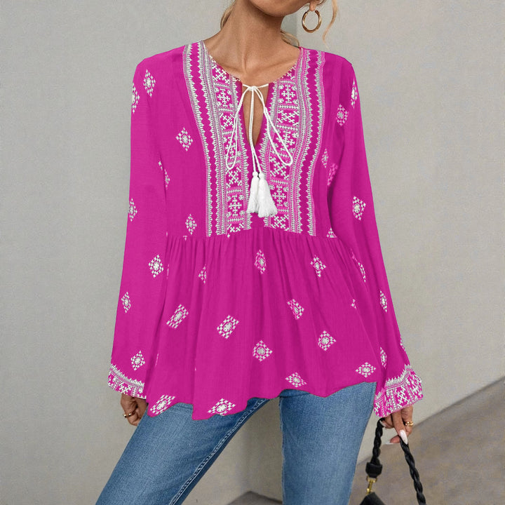 Damen Bestickte Boho-Tunika-Bluse mit Quastenbändern und stufigem Saum Drune