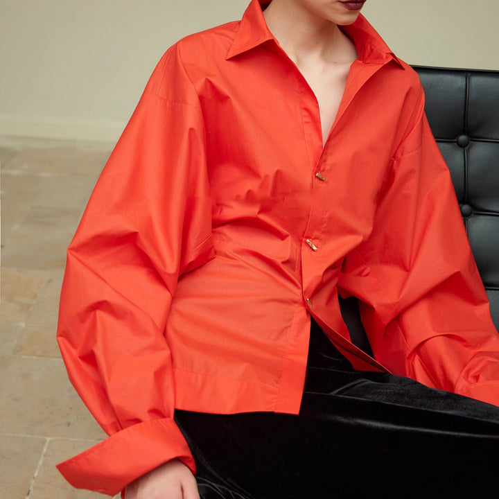 Damen Oversize-Bluse mit Ballonärmeln und taillierter V‑Schlitz-Form Drune