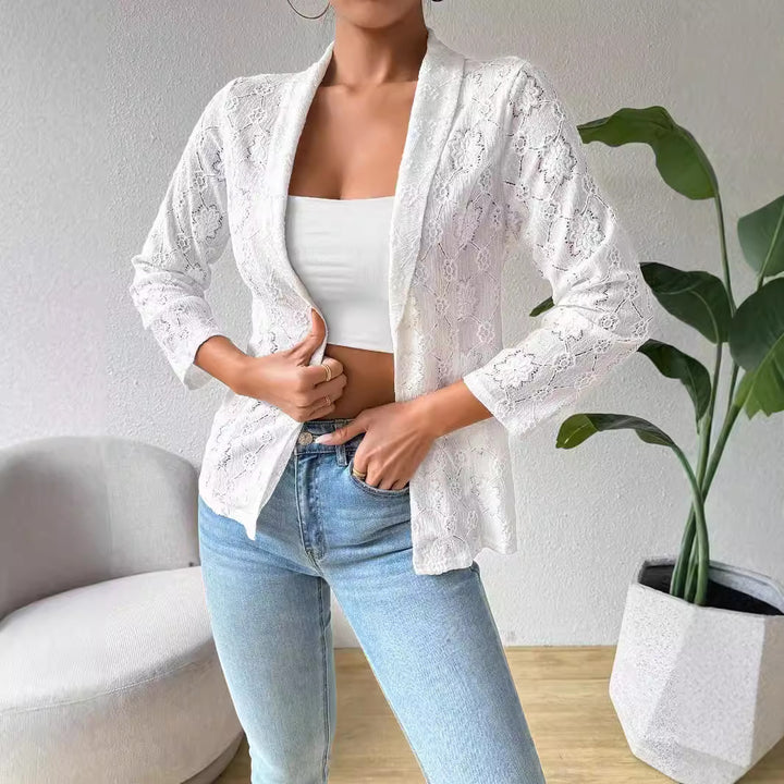 Damen nan transparenter Spitzenblazer mit Schalkragen und dreiviertellangen Ärmeln Drune