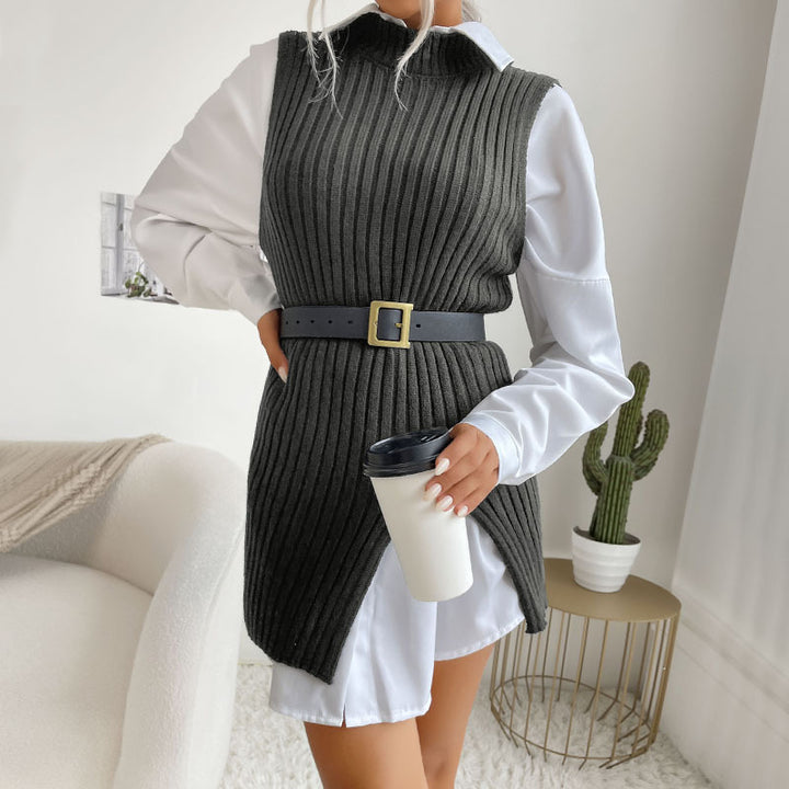 Damen Gerippte Strick‑Tunika mit Stehkragen, seitlichen Schlitzen und figurbetonter Silhouette Drune