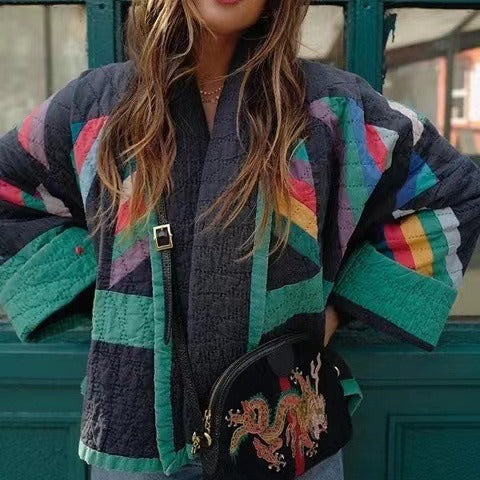 Damen wattierte Kimono-Steppjacke mit Patchwork-Design und weiten Ärmeln Drune