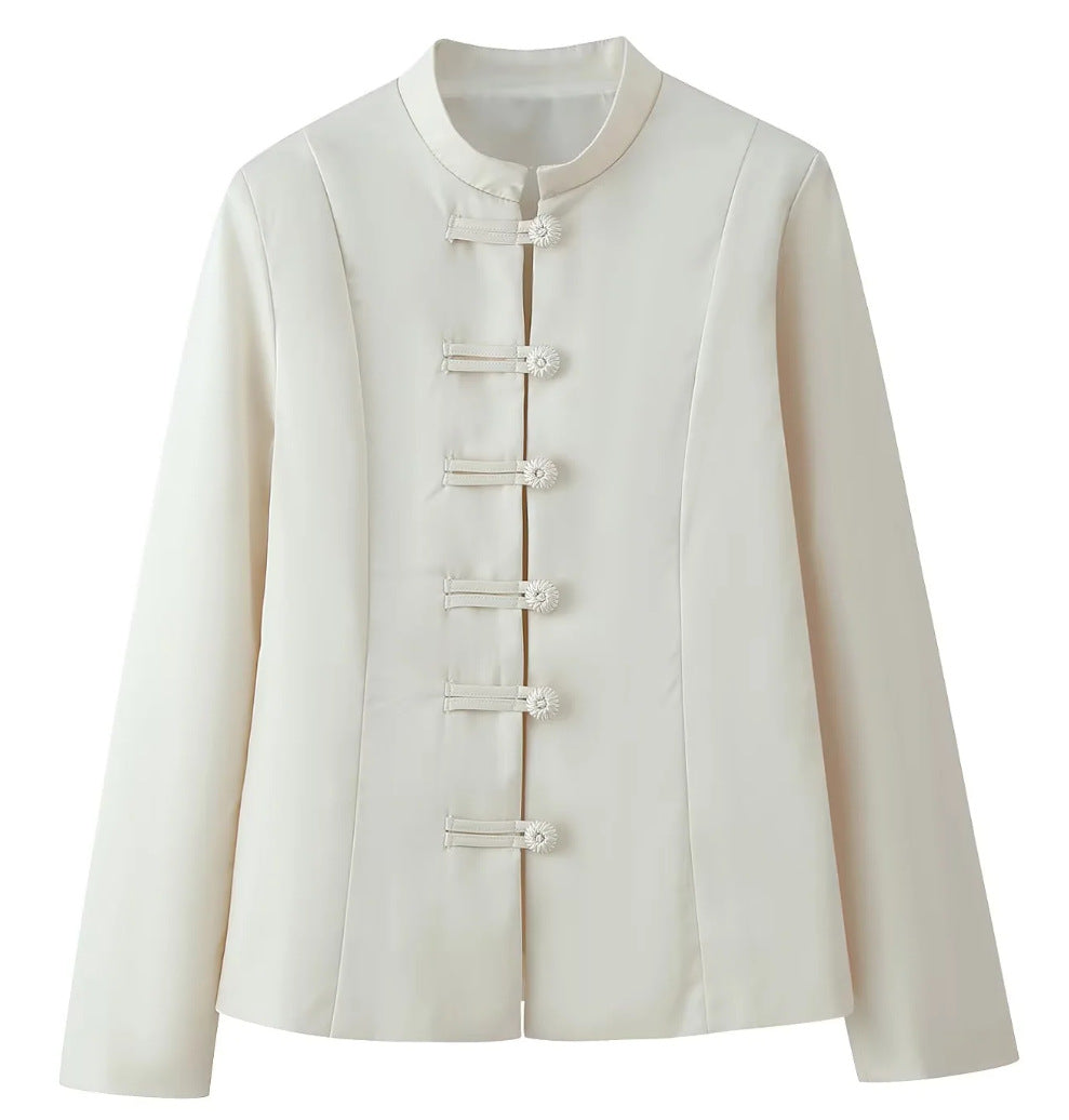 Damen 100+ elegante taillierte Blusenjacke mit Mandarinkragen und dekorativen Knotenverschlüssen Drune
