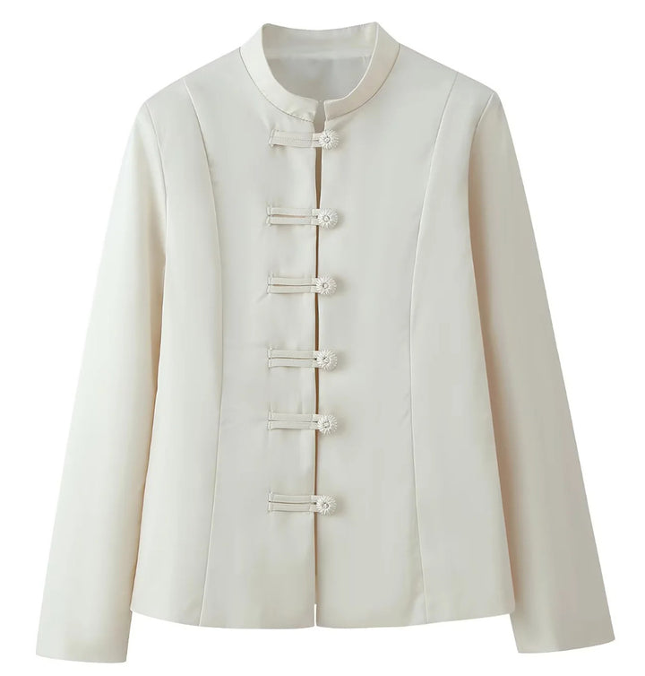 Damen 100+ elegante taillierte Blusenjacke mit Mandarinkragen und dekorativen Knotenverschlüssen Drune