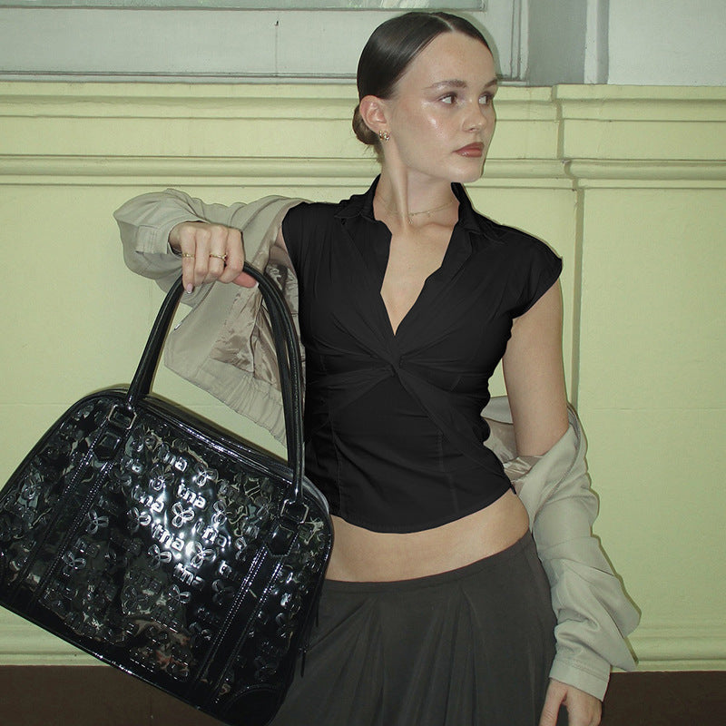 Damen elegante Kurzarmbluse mit knotenförmigem Design Drune