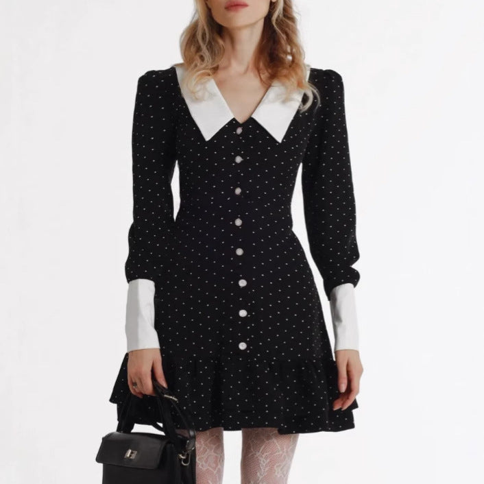 Damen Minikleid mit klassischen Kontrastkragen und Rüschendetails Drune