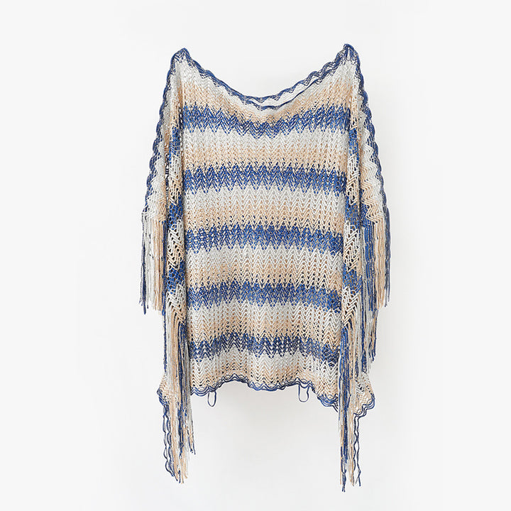 Damen Leichter Makramee‑Netzponcho mit langen Fransen Drune