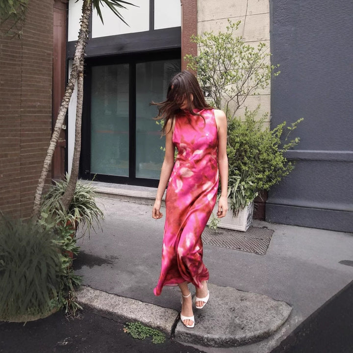 Femme Ärmelloses Blumenmuster Maxi Kleid Drune