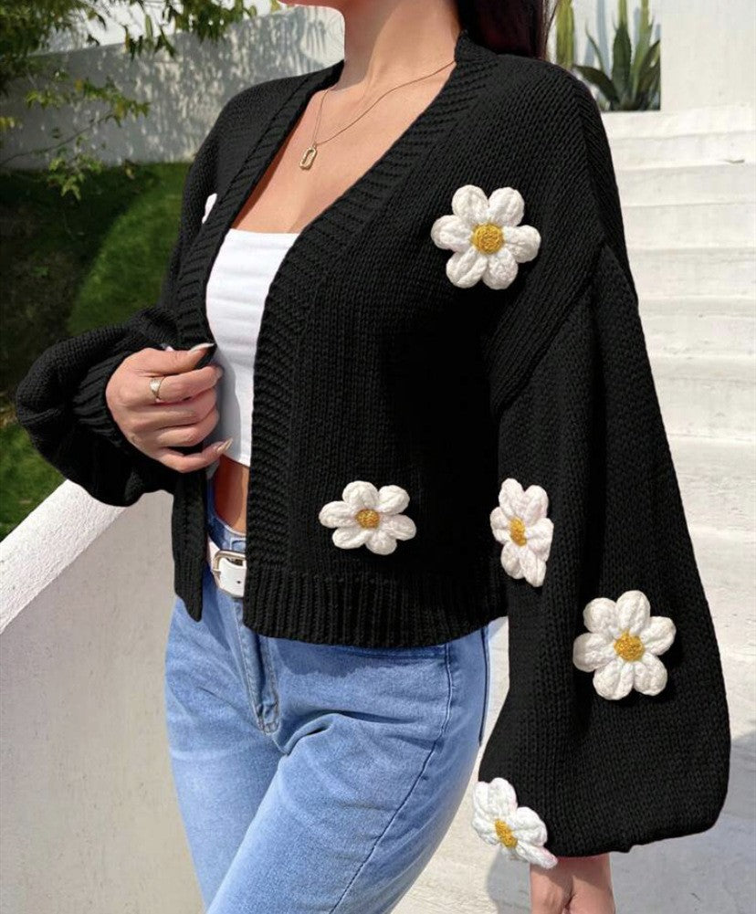 Damen Cropped-Cardigan aus Baumwollmix mit 3D-Blütenapplikationen Drune
