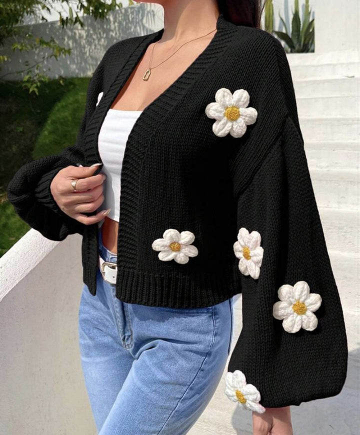 Damen Cropped-Cardigan aus Baumwollmix mit 3D-Blütenapplikationen Drune