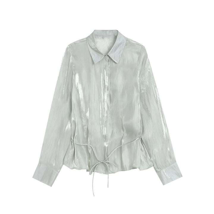 Damen Glänzende Bluse mit Tunnelzugsaum und Hemdkragen Drune