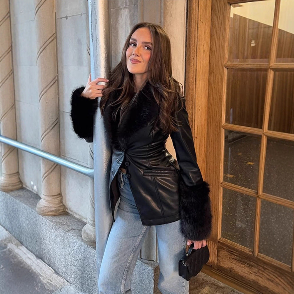 Damen Taillierter Lederimitat-Midimantel mit Wiener Nähten, voluminösem Faux‑Fur‑Schalkragen & Fellmanschetten Drune