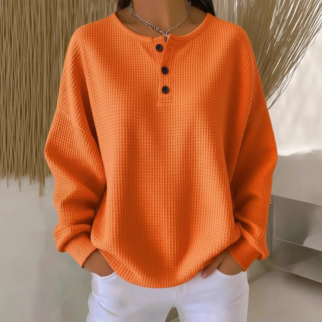 Damen nan Oversized Waffelstrick Henley-Pullover mit Knopfleiste und abgerundetem Saum Drune