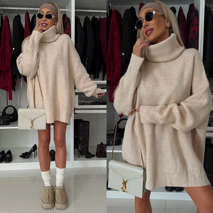 Damen oversized Rollkragen-Strickkleid mit weitem Schnitt, überschnittener Schulter und extraweichen Rippbündchen Drune