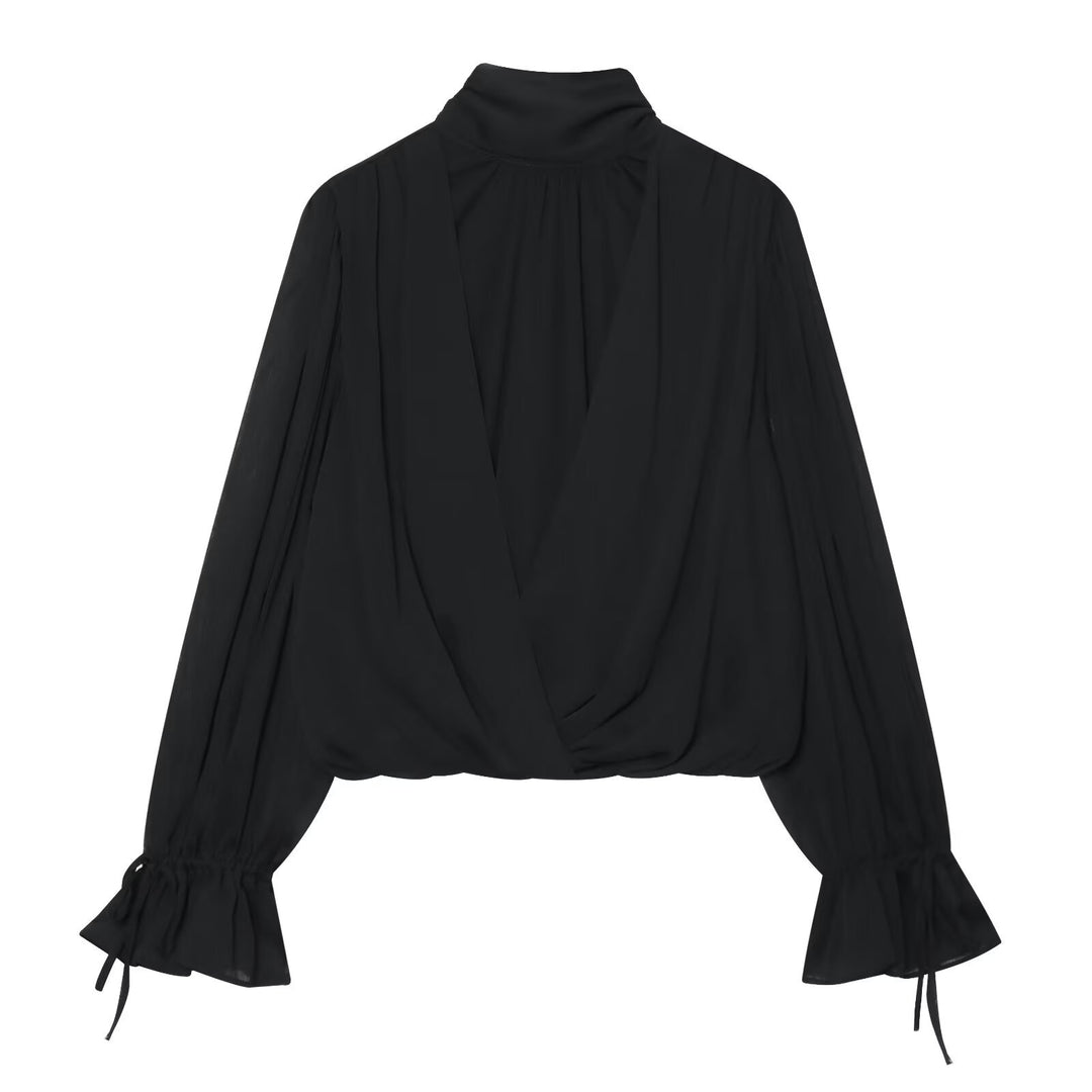 Damen Wickel-Cropped-Bluse mit Stehkragen und Volumenärmeln Drune