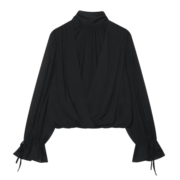 Damen Wickel-Cropped-Bluse mit Stehkragen und Volumenärmeln Drune