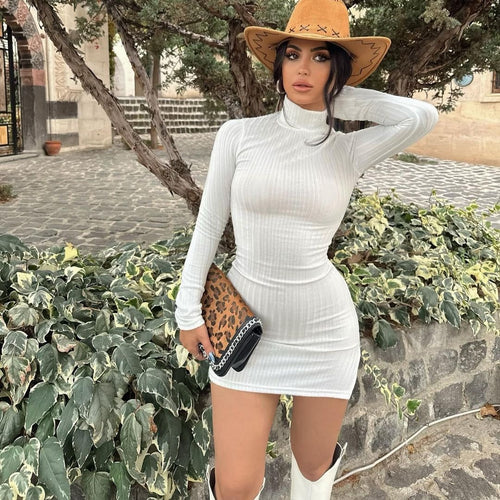 Damen Enganliegendes Rippstrick-Minikleid mit Rollkragen und langen Ärmeln Drune