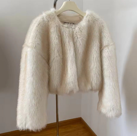 Damen Cropped Kunstpelz‑Bomber mit rundem Ausschnitt, weich fallendem Hochflor und kastiger Silhouette Drune