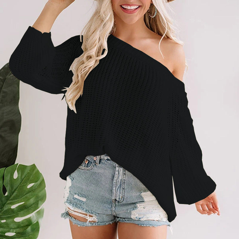 Damen Oversize Strickpullover mit Off-Shoulder Ajourmuster und weitem Saum Drune