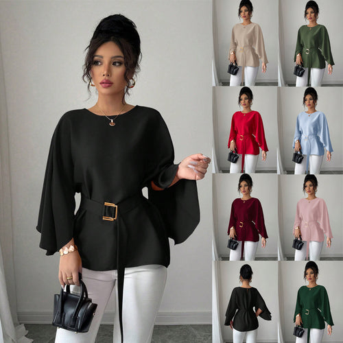 Damen Elegante Chiffon-Tunika mit Cape-Ärmeln und Taillengürtel Drune