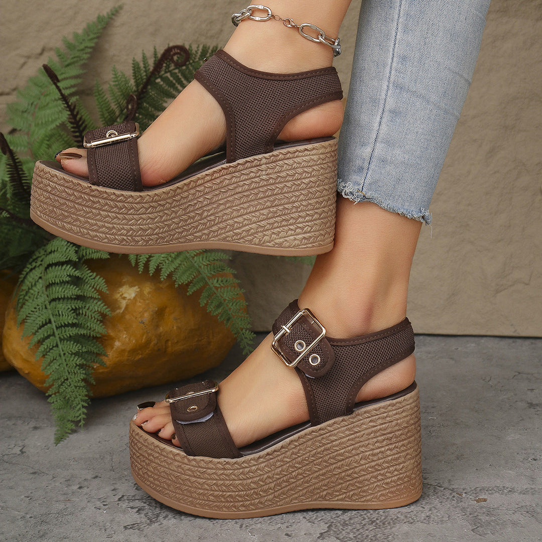 Damen Keil-Sandalen mit verstellbarem Riemen und exquisitem Bast-Design Drune