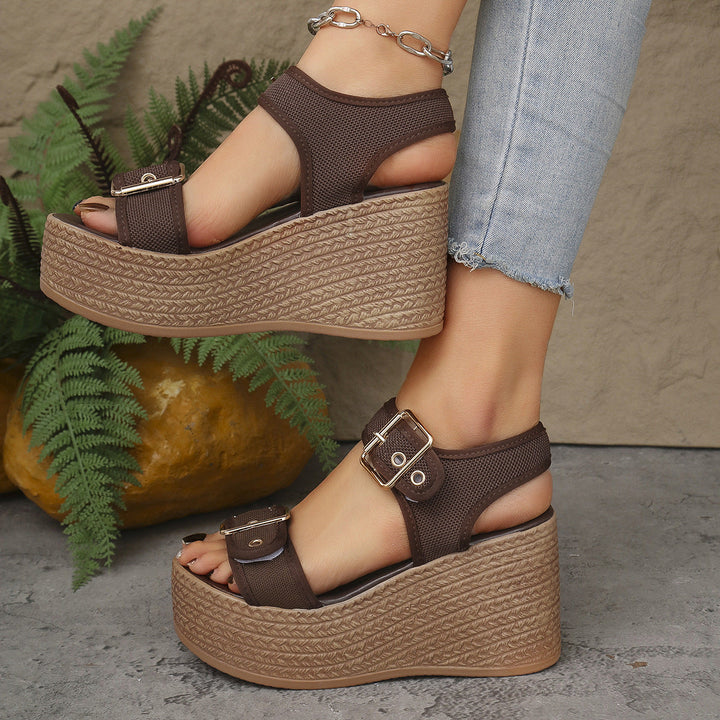 Damen Keil-Sandalen mit verstellbarem Riemen und exquisitem Bast-Design Drune