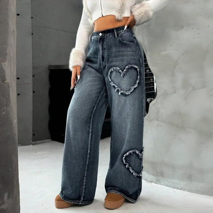 Damen Weite Jeans mit Herz-Stickerei und lässigem Schnitt Drune