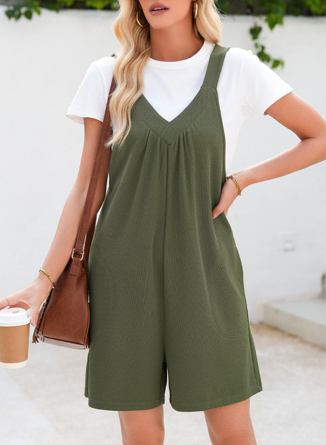 Damen Ärmelloser Waffel-Shorts-Overall mit V‑Ausschnitt und Eingrifftaschen Drune