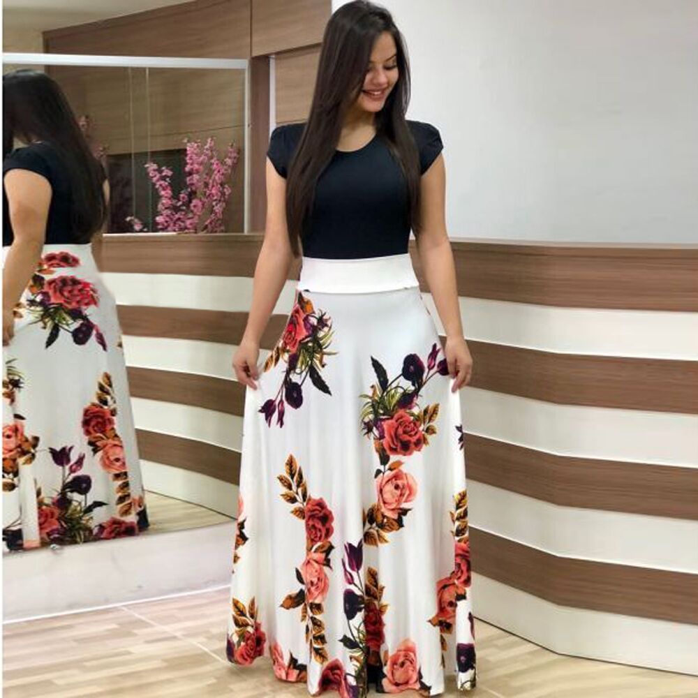 Damen Fließender Maxirock mit hoher Taille und großem Blumenprint Drune