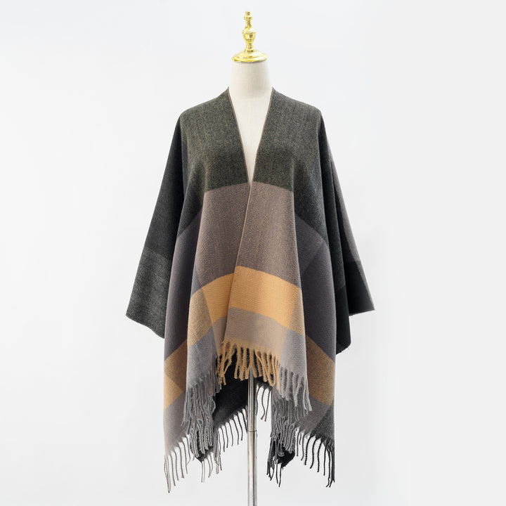 Damen Weiches Oversize-Cape aus Wollmischung mit großem Blockmuster und Fransensaum Drune