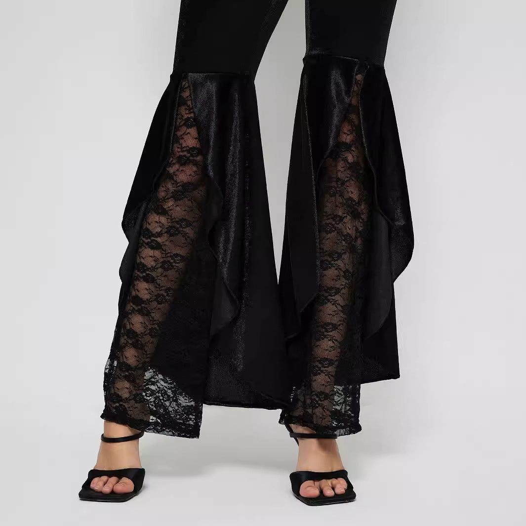 Damen elegante High-Waist Palazzo-Hose mit transparenten Spitzen-Einsätzen Drune