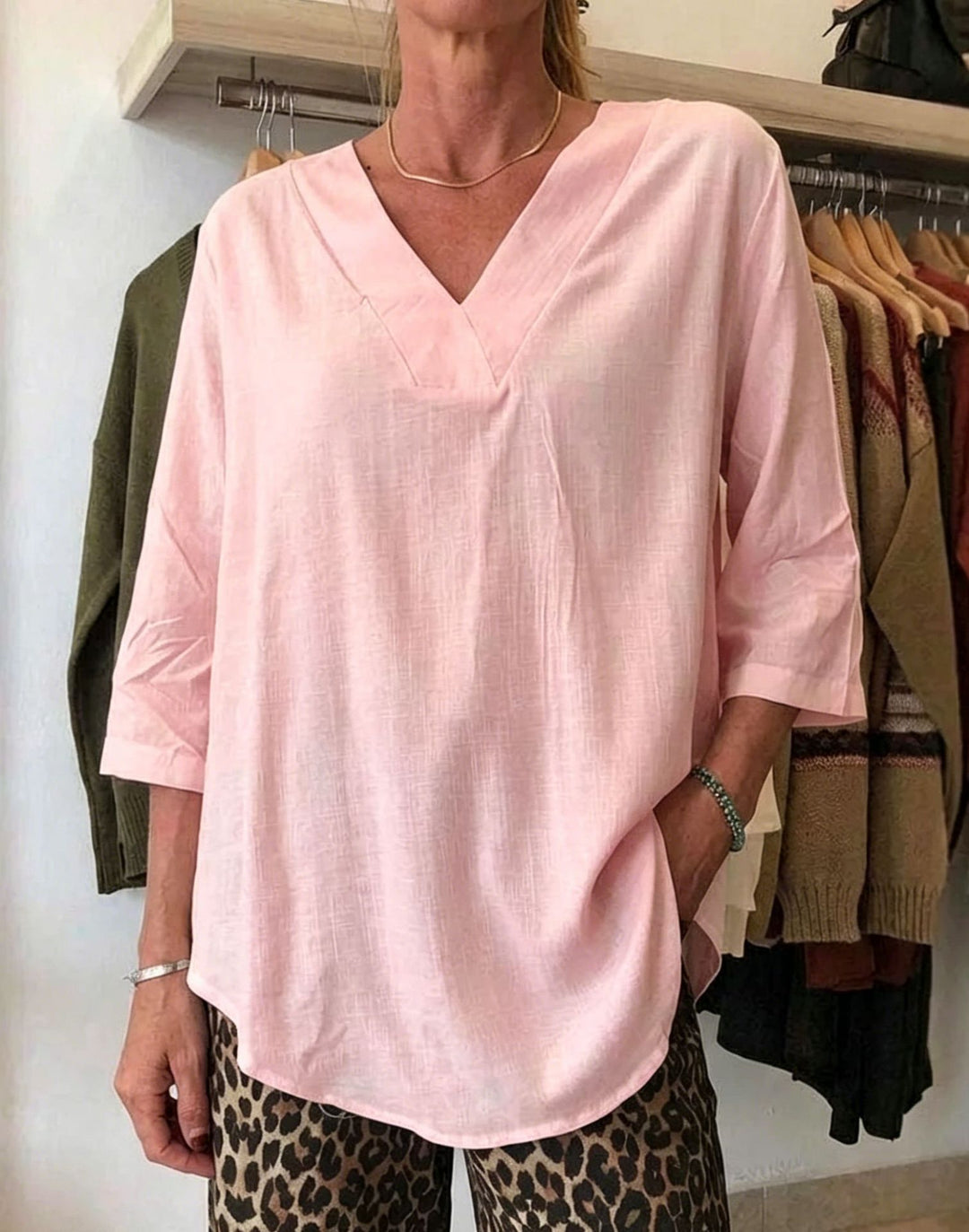 Damen Leichte Oversize V-Ausschnitt Tunika in Leinenoptik mit dreiviertel Ärmeln und abgerundetem Saum Drune