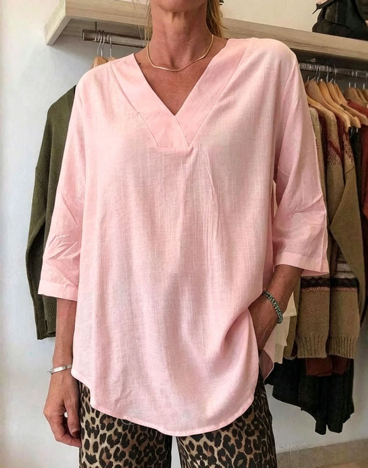 Damen Leichte Oversize V-Ausschnitt Tunika in Leinenoptik mit dreiviertel Ärmeln und abgerundetem Saum Drune
