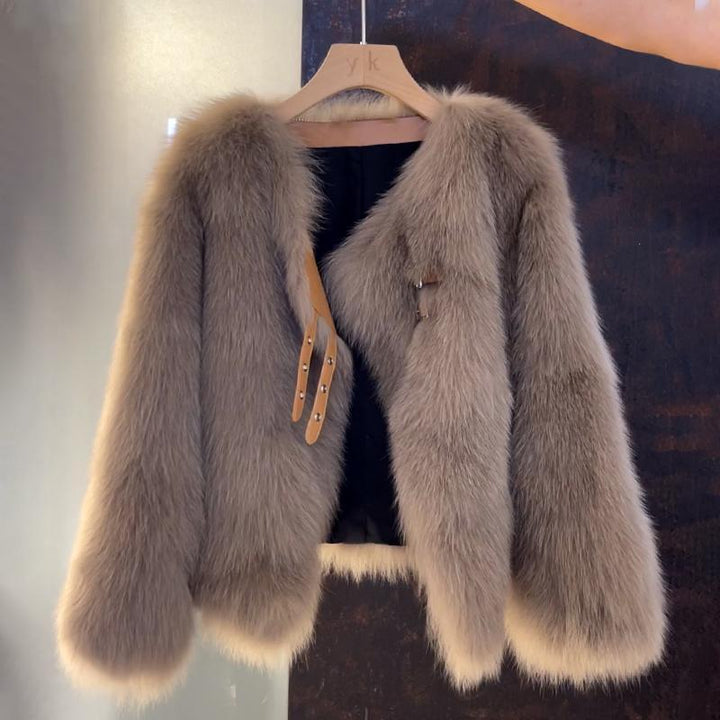 Damen kuschelige Kunstfelljacke mit elegantem Schnitt und dekorativen Schnallen Drune