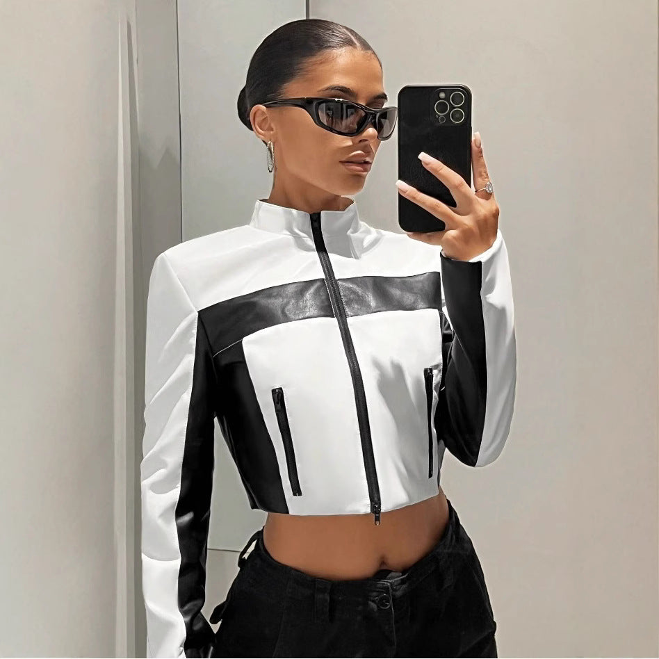 Damen Sportliche cropped Jacke aus Kunstleder mit Kontrastdetails Drune