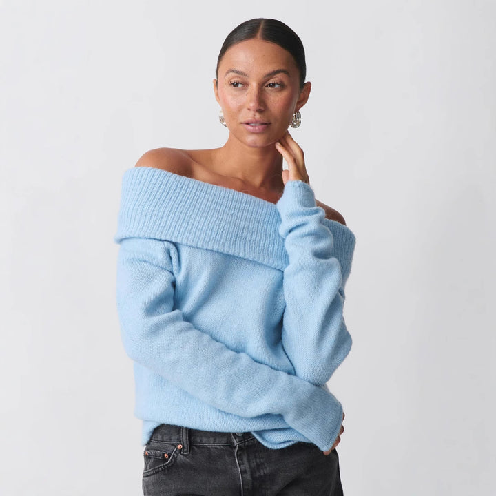 Damen nan Off-Shoulder Grobstrickpullover mit breitem Umschlagkragen und lässiger Oversize-Passform Drune