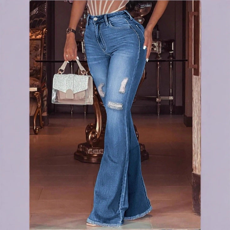 Damen hochgeschnittene Schlaghose aus Stretch-Denim mit ausgestelltem Bein, Knie-Rips und ausgefranstem Saum Drune