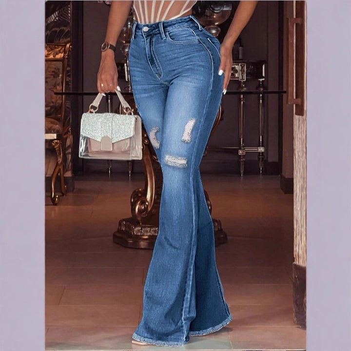 Damen hochgeschnittene Schlaghose aus Stretch-Denim mit ausgestelltem Bein, Knie-Rips und ausgefranstem Saum Drune