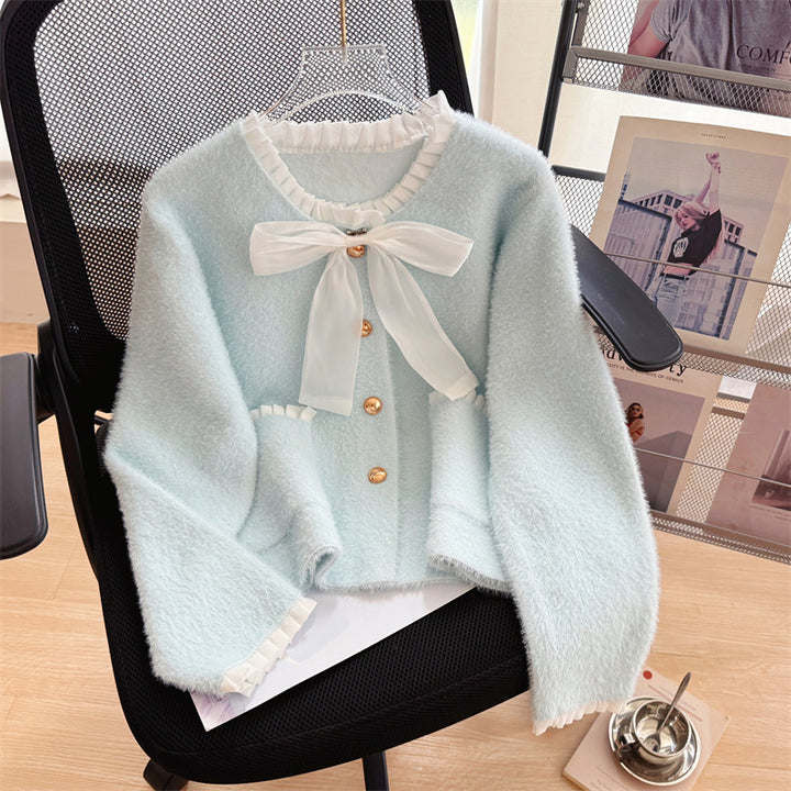 Damen Flauschiger Cardigan mit elegantem Schleifenkragen und dekorativen Knöpfen Drune