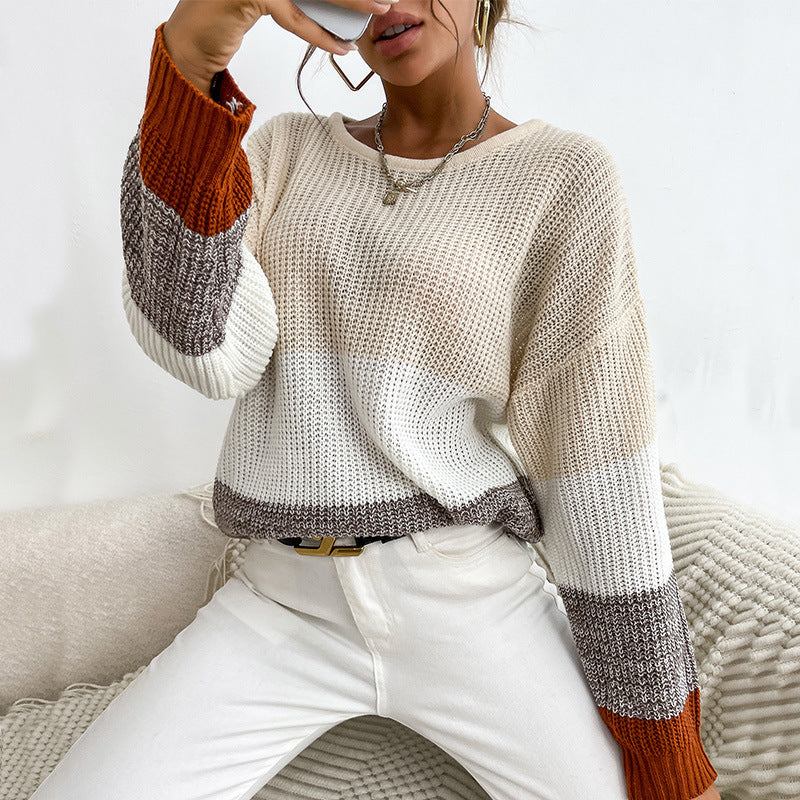 Damen Grobstrick-Colorblock-Pullover, Oversize mit Rundhalsausschnitt und verlängerten Ärmelbündchen Drune