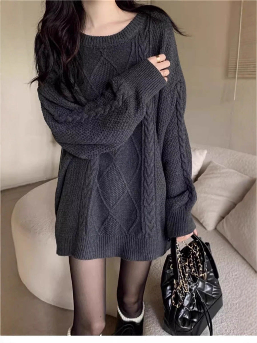 Damen Oversize Zopfmuster-Longpullover mit Rundhals und Ballonärmeln Drune