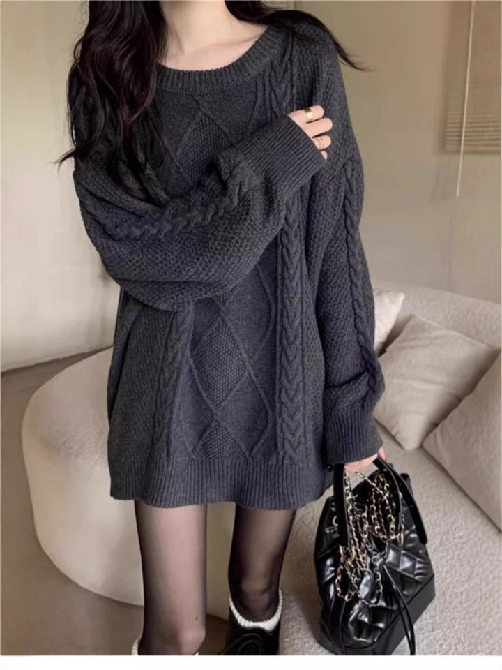 Damen Oversize Zopfmuster-Longpullover mit Rundhals und Ballonärmeln Drune