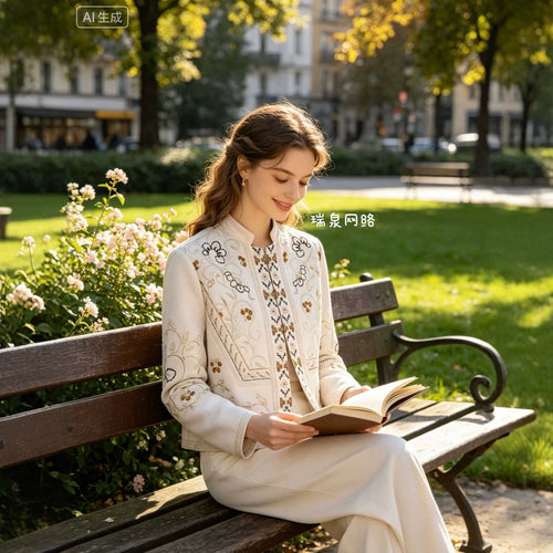 Damen Bestickte Boxy-Jacke mit Stehkragen und floraler Stickerei Drune
