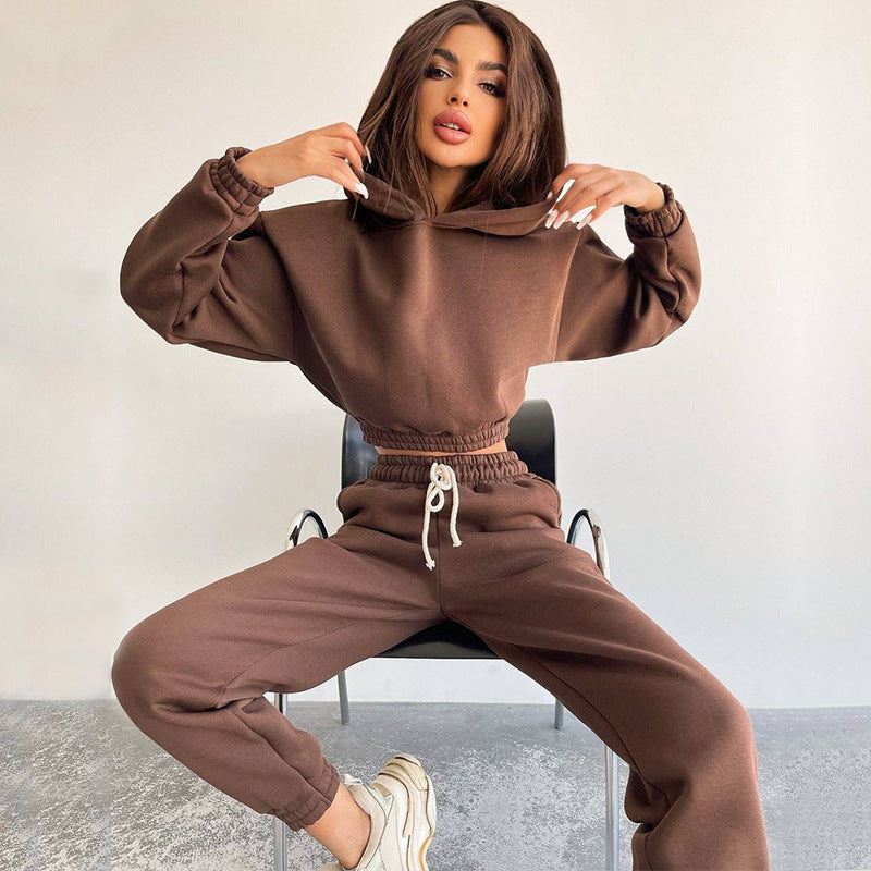 Damen cropped Stehkragen-Sweatset mit elastischem Taillenbund und hochtaillierter Tapered-Jogginghose Drune