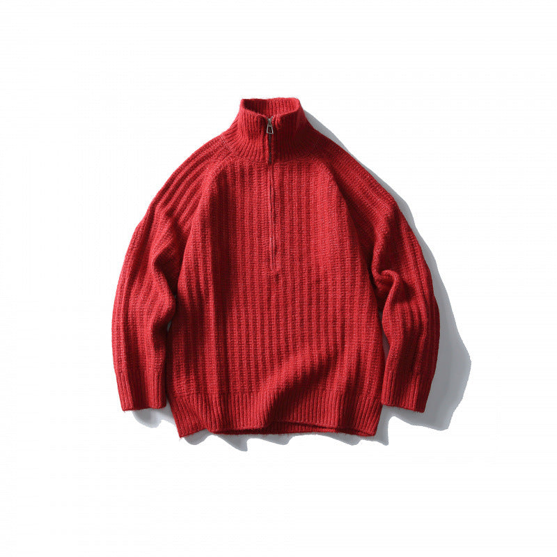 Unisex Oversize-Rippstrick-Halbzip-Pullover mit Stehkragen Drune